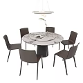 Modern Round Dining Table Set with Six Brown Chairs Marble Top and Hanging Lamp 3d model
