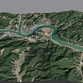 Aerial View Of Mountainous Terrain With Winding River And Urban Settlement