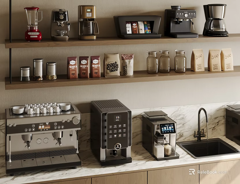 Modern Kitchen Interior Featuring Shelf Coffee Bags Jars Countertop Espresso Machine Blender And Appliances 3d model 