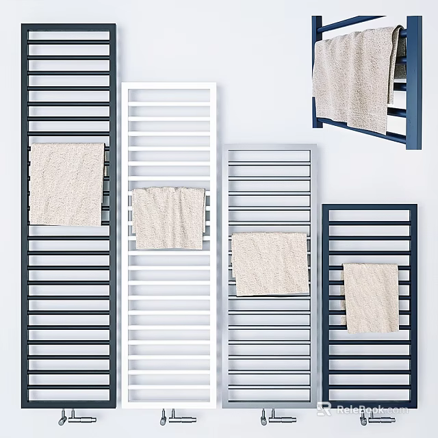 Modern Bathroom Accessories Featuring Various Towel Racks With Hanging Towels 3d model