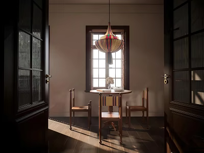 Traditional Restaurant Interior With Wooden Dining Table Chairs And Pendant Lamp 3d model