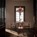Traditional Restaurant Interior With Wooden Dining Table Chairs And Pendant Lamp