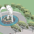 Ornate White Arched Fountain With Central Statue And Water Jets In Green Park