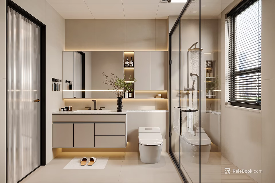 Modern Bathroom Interior Design With Vanity Toilet Glass Shower And Mirrored Cabinets 3d model 