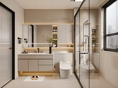Modern Bathroom Interior Design With Vanity Toilet Glass Shower And Mirrored Cabinets 3d model
