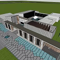 Modern Sales Office Building With Glass Curtain Wall And Water Feature Courtyard