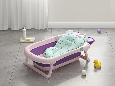 Pink and Purple Baby Bathtub With Soft Cushion Bath Toys Yellow Duck and Balls 3d model
