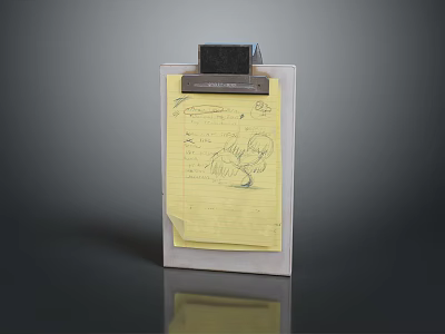 Computer Accessory Transparent Folder Featuring Black Clip Yellow Notepad Handwritten Notes And Sketch 3d model
