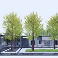 Modern Residential Landscape With Trees Stone Pavement And Modern Architecture Courtyard Design