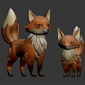 Two Cute 3D Cartoon Fox Models With Orange White Fur And Shiny Reflection