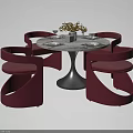 Modern Round Dining Table Set with Marble Tabletop Metal Base and Red Chairs 3d model