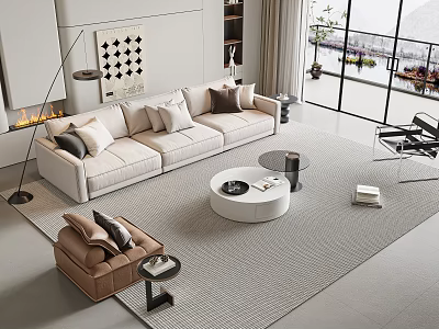 Modern Living Room Interior With Beige Sofa Round Coffee Table And Brown Accent Chair 3d model