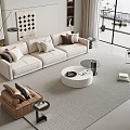 Modern Living Room Interior With Beige Sofa Round Coffee Table And Brown Accent Chair