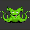 Green Cartoon Style Game Movie Character With Multiple Tentacles And Big Eyes Sticking Out Tongue