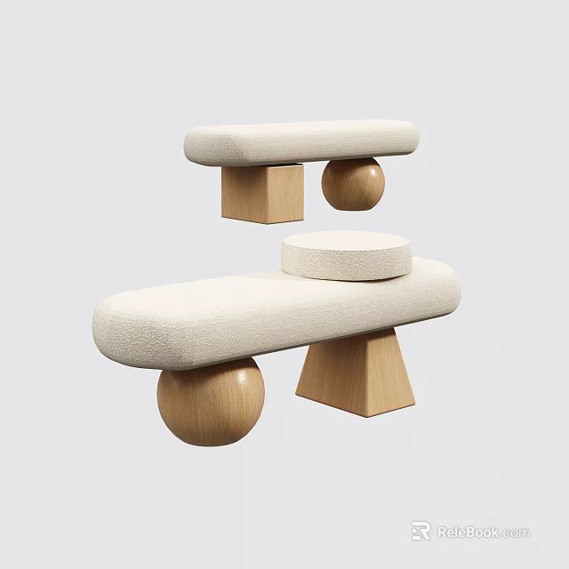 Modern Cream Fabric Sofa Stools With Wooden Round And Triangular Bases 3d model