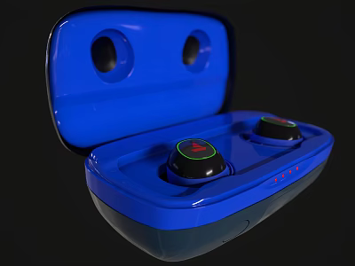 Wireless Bluetooth Earbuds with Blue Open Charging Case and Modern Design 3d model