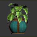 Cartoon Scene With Lush Green Plant In Blue Pot Featuring Brown Decorative Accents