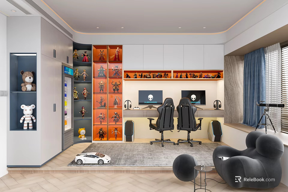Modern Stylish Study Room Interior With Writing Desk Ergonomic Chairs And Collectible Display Shelves 3d model 