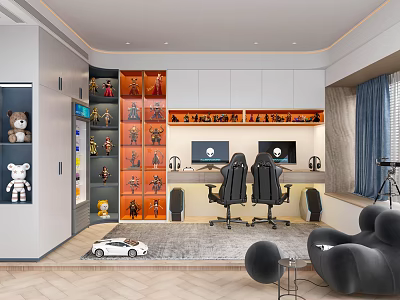 Modern Stylish Study Room Interior With Writing Desk Ergonomic Chairs And Collectible Display Shelves 3d model