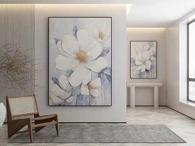 Modern Minimalist Interior With Large White Floral Botanical Painting And Small Wall Art 3d model