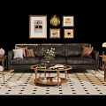 Stylish Black Leather Sofa and Coffee Table Set with Throw Pillows Round Wooden Table Decorative Wall Art and Checkered Rug