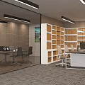 Modern Office Interior With Shelves Desk Orange Armchairs And Decorative Paintings