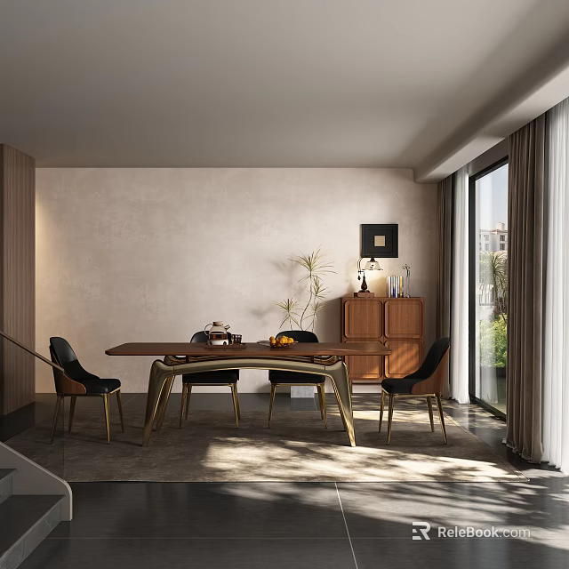 Modern Elegant Restaurant Interior With Dining Table Chairs Decorative Painting Wooden Cabinets And Natural Light 3d model 