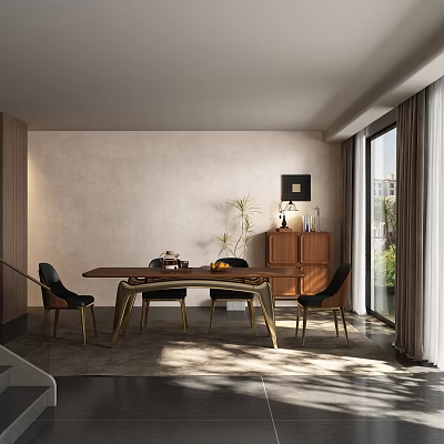 Modern Elegant Restaurant Interior With Dining Table Chairs Decorative Painting Wooden Cabinets And Natural Light 3d model