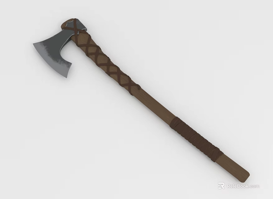 Handcrafted Axe With Silver Gray Metal Head And Brown Braided Handle 3d model 