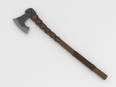 Handcrafted Axe With Silver Gray Metal Head And Brown Braided Handle 3d model