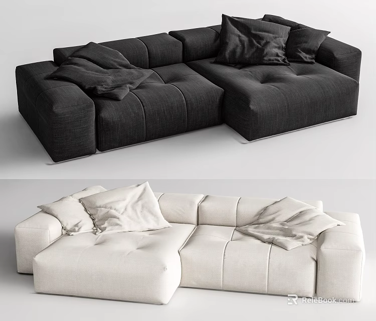 Modern Sectional Sofa With Black And Beige Upholstery Plush Pillows And Cozy Throws 3d model 