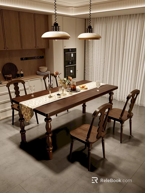 Classic Retro Solid Wood Dining Table Set With Four Chairs For Cozy Home Dining Space 3d model 