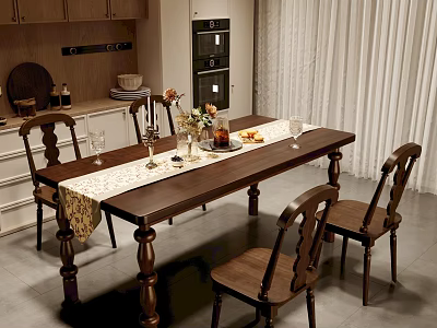 Classic Retro Solid Wood Dining Table Set With Four Chairs For Cozy Home Dining Space 3d model