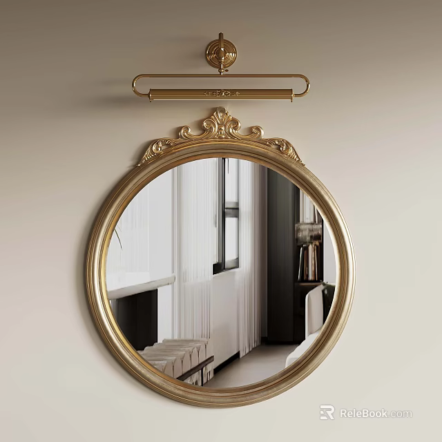 Gold Round Mirror With Ornate Frame In Interior Room With Window And Curtains 3d model