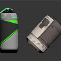 Two Mechanical Devices With Green Accents And Silver Textured Bodies