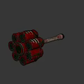Weapon Hammer With Multiple Red Barrel Shaped Heads And Worn Wooden Handle