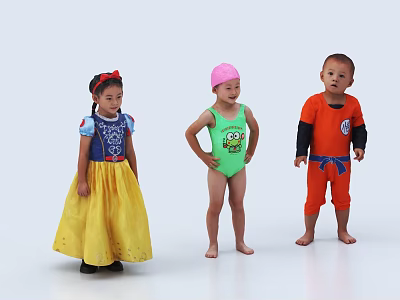 Three Kids Standing in Snow White Dress Green Swimsuit and Orange Cartoon Costume 3d model