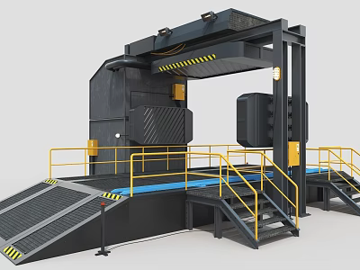 Large Industrial Equipment Featuring Black Main Structure Yellow Guardrails Stairs Blue Platform And Warning Stripes 3d model