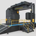 Large Industrial Equipment Featuring Black Main Structure Yellow Guardrails Stairs Blue Platform And Warning Stripes