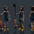 Character Wearing Blue Overalls With Yellow Boots And Curved Handle Staff With Colorful Decoration