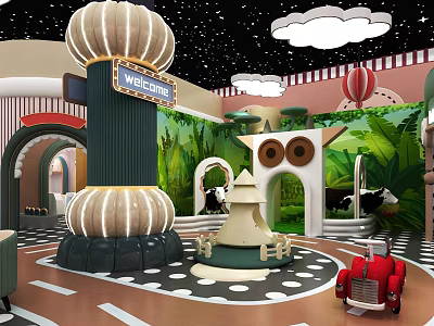 Indoor Kids Playground With Forest Theme Welcome Sign Cloud Decorations Red Car And Mushroom Structure 3d model