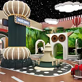 Indoor Kids Playground With Forest Theme Welcome Sign Cloud Decorations Red Car And Mushroom Structure