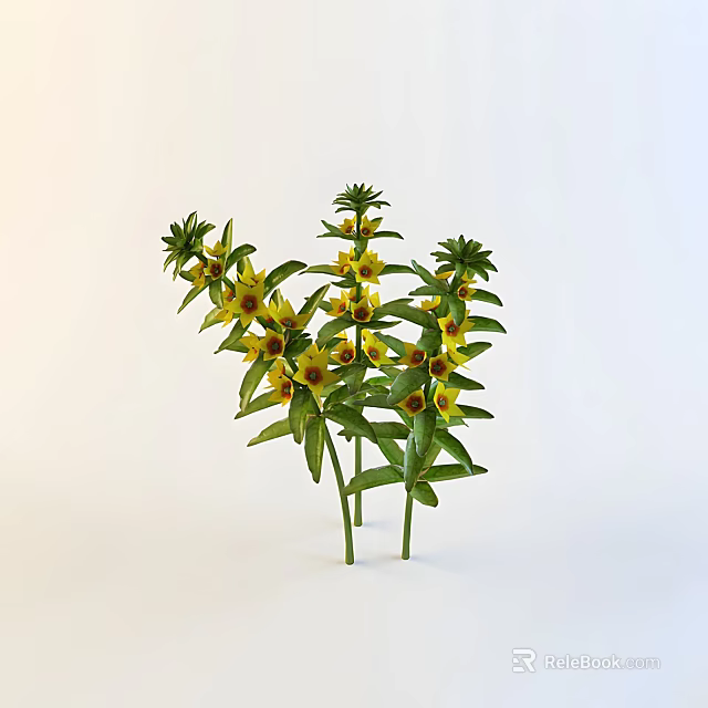 Blooming Yellow Flowers With Green Leaves And Fresh Plant Stems 3d model 