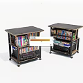 Two Vintage Side Tables Filled With Books And Cassette Tapes Rustic Wooden Design
