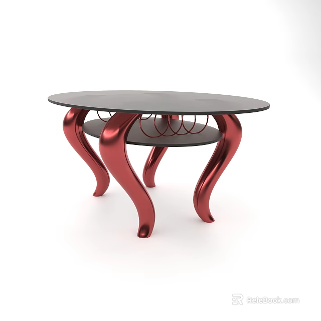 Modern Round Coffee Table With Black Tabletop And Red Metal Curved Legs 3d model 