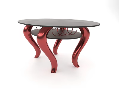Modern Round Coffee Table With Black Tabletop And Red Metal Curved Legs 3d model