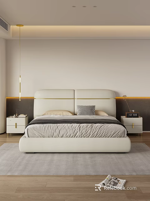 Modern Luxury Double Bed With White Headboard Gold Lines Gray Bedding And Gold Accent Nightstands 3d model 