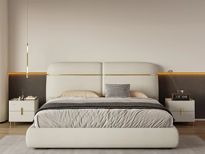 Modern Luxury Double Bed With White Headboard Gold Lines Gray Bedding And Gold Accent Nightstands 3d model