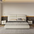 Modern Luxury Double Bed With White Headboard Gold Lines Gray Bedding And Gold Accent Nightstands