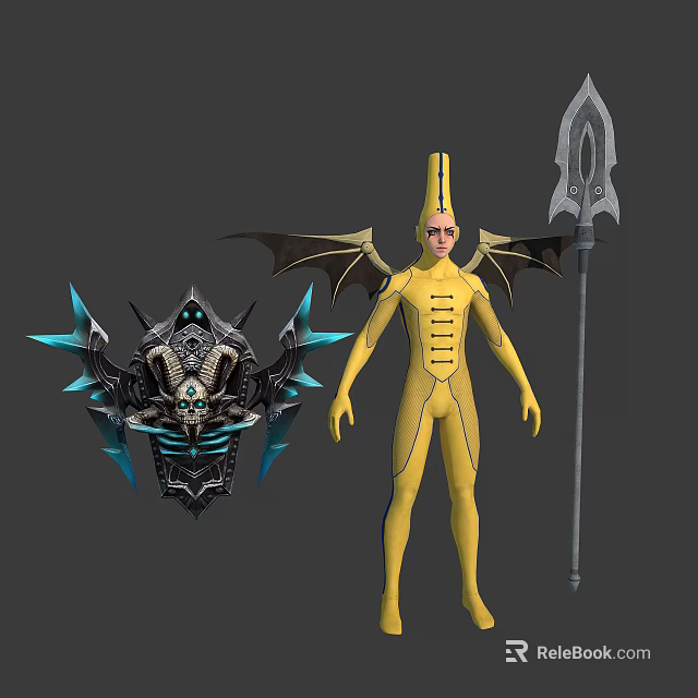 Fantasy Winged Creature In Yellow Costume With Black Armor And Spear 3d model 